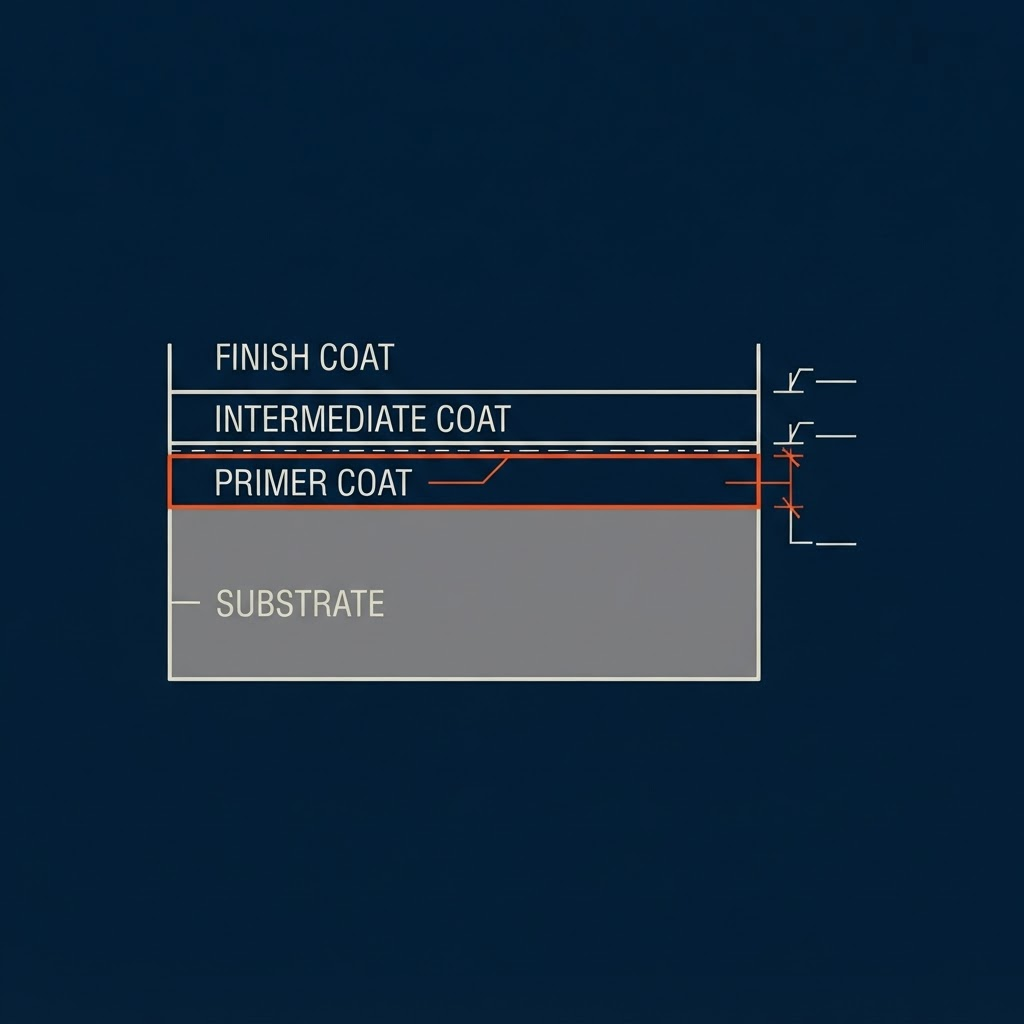 Diagram of a coating system cross-section labeled finish coat, intermediate coat, primer coat, and substrate, with the primer coat outlined in orange as the cited layer.